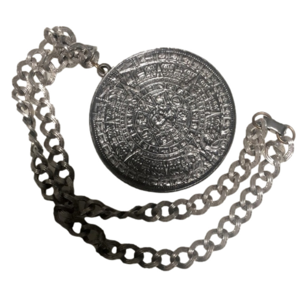 VTG Aztec Calendar Stone Sun Disk Medallion Necklace Alva Museum Replica 22”